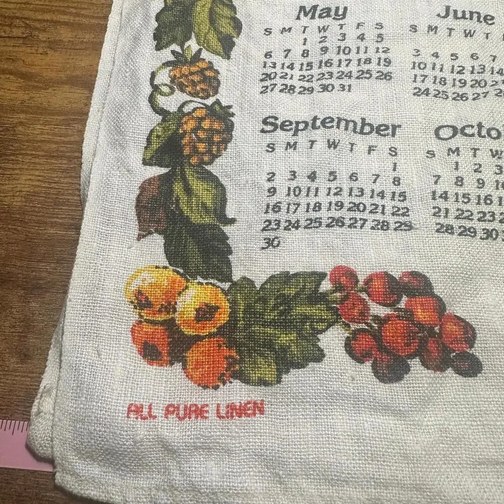 Vintage Pure Linen‎ Cloth Calendar Year 1984 Tea Towel Birthday Fall Harvest